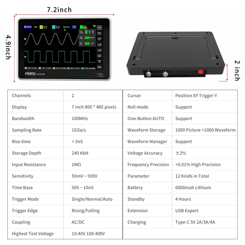 Fnirsi ADS1013D 2 Kanal 100MHz 1GSa/s Dijital Dokunmatik Tablet Osiloskop + P4100 Prob Da Fnirsi ADS1013D 2 Kanal 100MHz 1GSa/s Dijital Dokunmatik Tablet Osiloskop + P4100 Prob Da